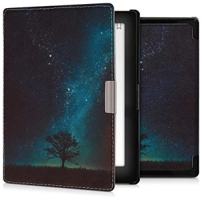 Afbeelding van kwmobile e reader hoesje compatibel met Kobo Aura Edition 1 Magneetsluiting Ereader case Sterrenstelsel en Boom in blauw/grijs/zwart