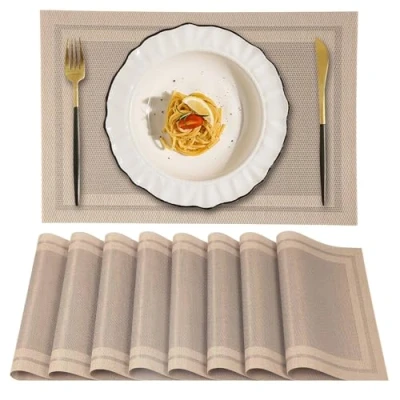 Afbeelding van Gucass Set van 8 placemats, afwasbaar, antislip, pvc, geweven hittebestendig, voor keuken, restaurant, eettafel, 45 x 30 cm (beige)