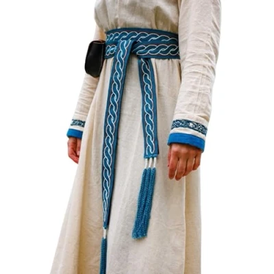 Afbeelding van Leonardo Carbone® Unisex Vikingriem Elina herenriem, middeleeuwse kleding heren, riem dames, LARP kleding, carnaval, cosplay, hobbit kostuum 100% katoen, blauw, 235 cm