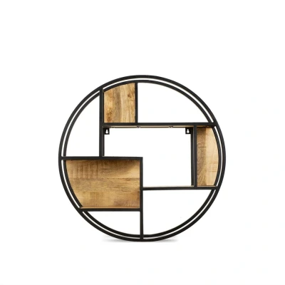 Afbeelding van Benoa Industriële ronde Mangohouten wandrek met zwart gepoedercoat stalen frame 100cm