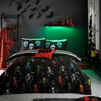 Afbeelding van Bedlam Dansende skeletten Glow in the Dark Dekbedovertrek Set Tweepersoonsbed Grootte Zwart