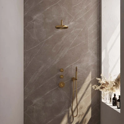 Afbeelding van Brauer Gold Edition Regendouchesets inbouw hoofddouche 20cm Wandarm met inbouwdeel Gladde knoppen handdouche Staaf 1 stand PVD