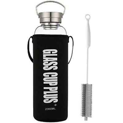 Afbeelding van sunkey Drinkfles, glas, waterfles, 2 liter, met neopreen hoes, roestvrij stalen deksel, brede mond, BPA vrij
