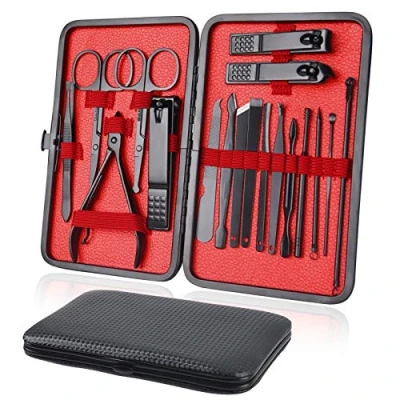 Afbeelding van URAQT Professionele Manicure Set, 18 delig Draagbare Nagelknipper Pedicure Set &amp; Wenkbrauw Verzorgingsset, Roestvrij Staal Nagelverzorgingsgereedschap Met Luxe Lederen Etui