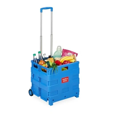 Afbeelding van Relaxdays boodschappentrolley inklapbaar vouwkrat 2 wieltjes verstelbare handgreep blauw