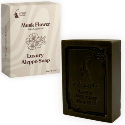 Afbeelding van GREEN FADEL (Luxury) Aleppo Zeep Origineel met Muskusbloesem Aroma, 1 Stuk, Olijfolie &amp; Laurierolie, Olijfoliezeep, Natuurlijke Zeep, Luxury Soap, voor Gezicht Lichaam