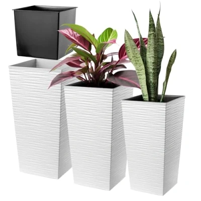 Afbeelding van KADAX Bloempotset, bloempot van kunststof, plantenbak, weerbestendige bloempot, voor binnen en buiten, (wit, set 3 stuks)