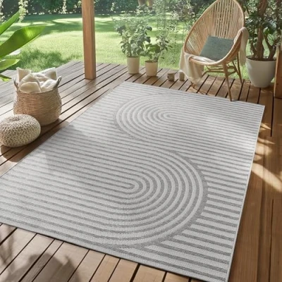 Afbeelding van SIMPEX Buiten Vloerkleed grijs 160x230 cm, weerbestendig en UV bestendig, ideaal voor de keuken, balkon, terras, evenals woonkamer eetkamer, Scandinavisch boho design