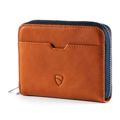 Afbeelding van Vaultskin Mayfair Minimalistische lederen portemonnee met ritssluiting, kleine RFID blokkerende multi kaarthouder muntvak, Cognac, Eén maat, Minimalistisch