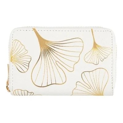 Afbeelding van Draeger Paris damesportemonnee goudkleurige ginkgobladeren Wit polyurethaan,