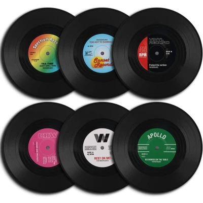 Afbeelding van homEdge Vinyl grammofoonplaten onderzetters, 6 stuks in retrostijl
