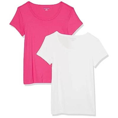 Afbeelding van Amazon Essentials Women&#039;s T shirt met kapmouwen, ronde hals en slanke pasvorm, Pack of 2, Wit/Donkerroze, M