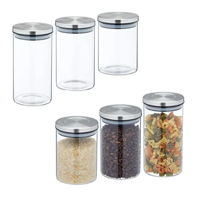 Afbeelding van Relaxdays voorraadpot rvs deksel set van 6 glazen opbergpot meel bewaarpot pasta