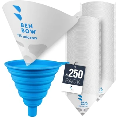 Afbeelding van BenBow Lakzeef 125µ x 250 stuks wegwerppapierfilter met nylonweefsel en praktische siliconen trechter voor het filteren van lakken kleuren tegen verontreinigingen