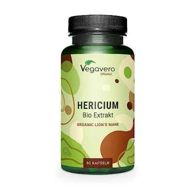 Afbeelding van Vegavero BIOLOGISCHE HERICIUM ERINACEUS capsules 50% POLYSACHARIDEN 500 mg Lions Mane Mushroom Extract Laboratorium getest Zonder toevoegingen Vegan