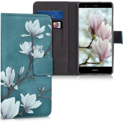 Afbeelding van kwmobile telefoonhoesje geschikt voor Huawei P10 Lite Backcover smartphone Hoesje met pasjeshouder in taupe / wit blauwgrijs Magnolia design