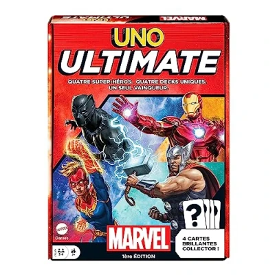 Afbeelding van UNO Ultimate Marvel HVM25 Kaartspel, superhelden design, Captain Marvel, Iron Man, Black Panther, Thor, speciale regels, gevarenkaarten, verzamelfoliekaarten, vanaf 7 jaar
