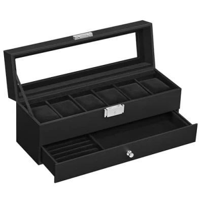 Afbeelding van SONGMICS horlogebox, horlogekast met glazen deksel, 2 niveaus, voor 6 horloges, afsluitbaar, 1 lade, ringen, armbanden, cadeau idee, PU hoes in zwart, binnenvoering zwart JWB060B02