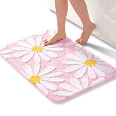 Afbeelding van QJHOMO Roze badkamertapijt, schattige madeliefjes, badmat, antislip, wasbaar, witte en gele bloem, zachte douchemat, absorberend, 60 x 90 cm