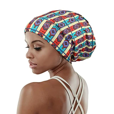 Afbeelding van Verstelbare Satijn Gevoerde Slaap Cap voor Dreadlocks Krullend Haar Groot Hoofdverblijf Op Overnachting, Geel Blauw, one size