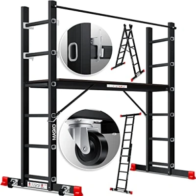 Afbeelding van Masko® Bouwsteiger, aluminium steiger, ladder, werkplatform, tot 150 kg belastbaar, anti slip coating, steigerladder, GS getest (EN 131)