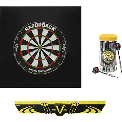 Afbeelding van Viper Defender II Achterbord &amp; Sisal/Varkenshaar Steel Tip Dartboard Bundel: Elite Set (Razorback Dartboard, Backboard, Edge Throw Line, 21st Pot met Darts)