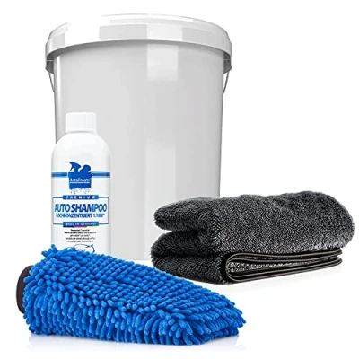 Afbeelding van detailmate Auto &amp; motorfiets wasset met autoshampoo 500 ml concentraat + wasemmer bijpassend deksel microvezel chenille washandschoen absorberende droogdoek, 50 x 80 cm, 1000 g/m²