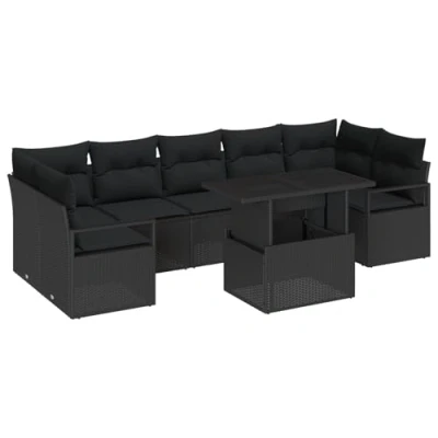 Afbeelding van vidaXL 8 delige Tuin Sofa Set met Kussens Zwart Poly Rattan, 2 persoons Rattan