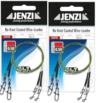 Afbeelding van Set: 4 stuks x 1x7 stalen leider met wartel en knooploze connector van Jenzi, 5, 7, 9, 12 &amp; 15 kg, lengte 50 cm + Petri Heil! Sticker (12 kg)