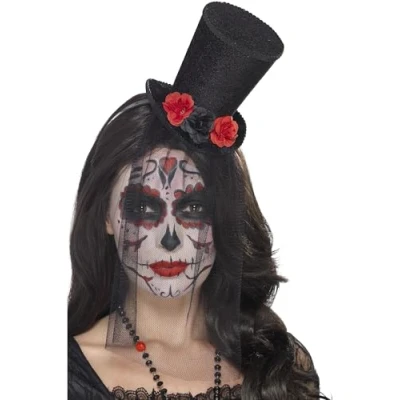 Afbeelding van Horror haarband/diadeem day of the dead met mini hoge hoed Verkleedhoofddeksels
