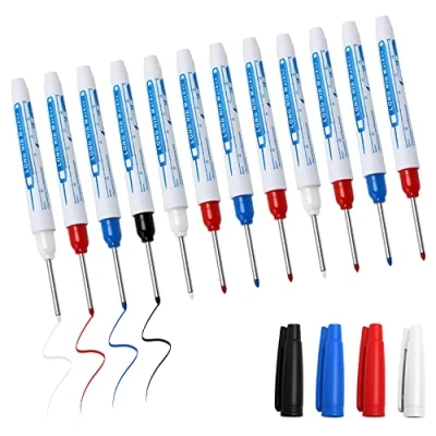 Afbeelding van Pilikoll 12 stuks markeerstiften met diepe gaten, lange kop, diepgat, markeerstiften, permanente punt marker voor architect, constructie, markering (zwart blauw rood wit, 30