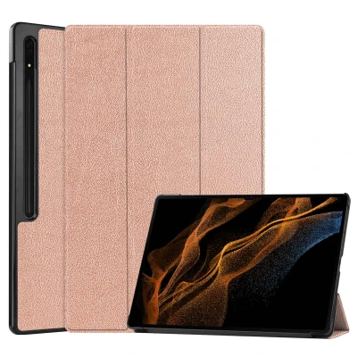 Afbeelding van Samsung Galaxy Tab S8 Ultra Hoes: iMoshion Trifold Bookcase Rosé Goud Kunstleder Tablet Hoezen
