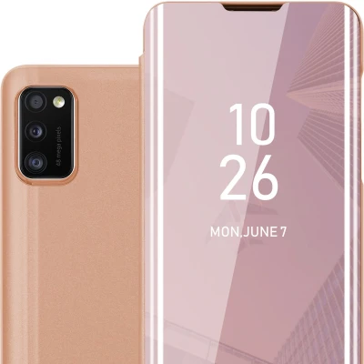 Afbeelding van Cadorabo Hoesje geschikt voor Samsung Galaxy A41 in KUNZIET ROZE Clear View Spiegel Beschermende Case met Tribunefunctie 360 Graden Bescherming Book Cover Etui