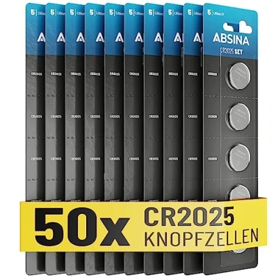 Afbeelding van ABSINA CR2025 Knoopcelbatterijen, CR2025, verpakking van 50 stuks, lekvrij en lange houdbaarheid, batterijen, knoopcellen, 3 V lithium knoopcel, batterij CR 2025, knoopcelbatterij