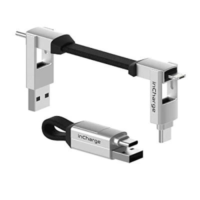 Afbeelding van inCharge 6 Korte oplaadkabel voor o.a. iPhone Lightning Kabel usb c in één all you need iPhone, Samsung, Huawei Zilver