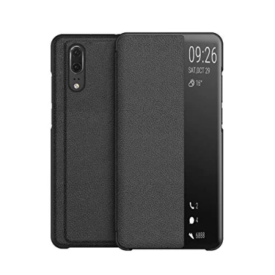 Afbeelding van KANSI Hoesje met Huawei P20, Flip Slimme Assistentie Telefoon Leder Hoes Case + Gehard Glas Zwart