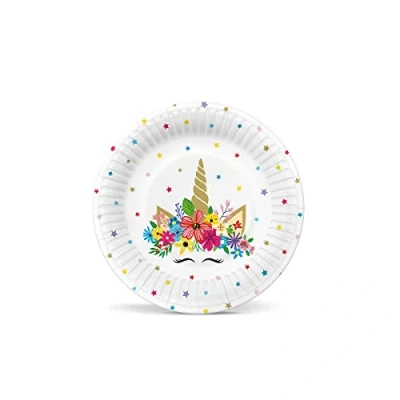 Afbeelding van PAW Papieren Borden Set (8 st.) I Diameter 18 cm Kartonnen voor Feestjes Kleurrijke Ronde Gedrukt met Watergedragen Kleuren Kleur: Unicorn Party
