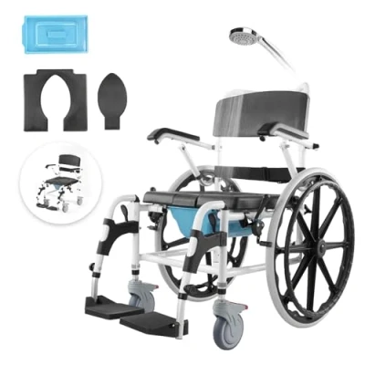 Afbeelding van VEVOR Doucherolstoel, 440 mm, badkamerrolstoel van aluminiumlegering, draagvermogen 136 kg, verstelbare roldouchestoel met rem voor gehandicapten