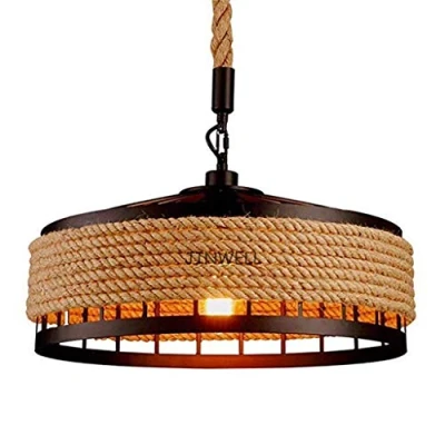 Afbeelding van hanglamp vintage touwlamp plafondlamp E27 retro industriële ijzer loft kroonluchter rustiek henneptouw kandelaar woonkamer rond hangend kooi 1 kop