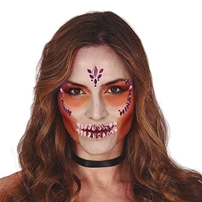 Afbeelding van Halloween Plak diamantjes schedel/sugarskull gezicht versiering lila paars Verkleedgezichtdecoratie