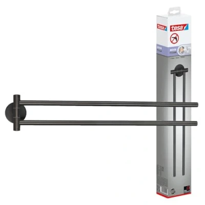 Afbeelding van tesa MOON Handdoekrek 2 armig van Geborsteld Grafiet Zelfklevend Gemaakt PVD gecoat Metaal Zonder Boren, incl. Kleefoplossing 84 mm x 50 456