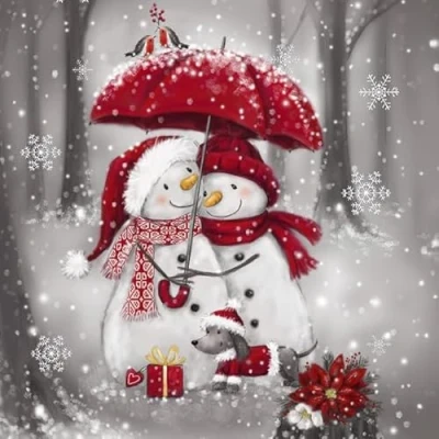 Afbeelding van 20 servetten winter sneeuwpoppen met paraplu als tafeldecoratie. Papieren motief voor Kerstmis Sneeuwpop elegant. Ook decoupage en techniek 33 x cm