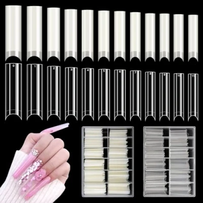 Afbeelding van 480 Stuks Extra Lange C Curve Nageltips, u Xl Heldere Acryl Halve Cover Nepnageltips 12 Maten Met Doos Voor Doe Het Zelf Nail Art (Helder, Natuurlijke Kleur)