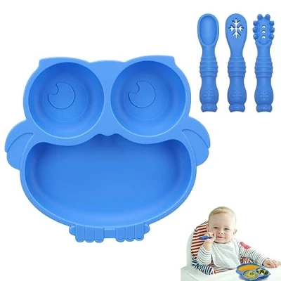 Afbeelding van Alyvisun Uil Siliconen Zuigbord voor Baby, Peuter Bestek met 3 Lepel Vork Anti Slip Afwenborden Voedingsgescheiden Borden Set Kinderstoel Dienblad (Blauw)
