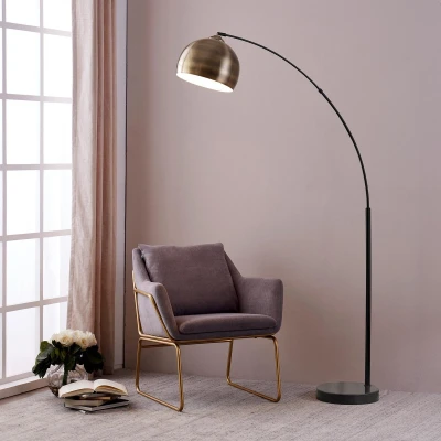 Afbeelding van Teamson Home Arquer Booglamp Vloerlamp Antiek Messing Afwerking Lampenkap Zwart Marmer Baseren