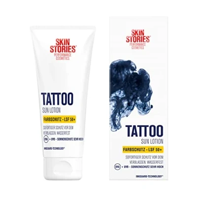 Afbeelding van SKIN STORIES Sun Lotion SPF 50+ (100 ml), tattoo kleurbescherming, zonnecrème met InkGuard Technology®, zeer hoge zonwering panthenol en vitamine E tegen verbleken van tatoeagekleuren