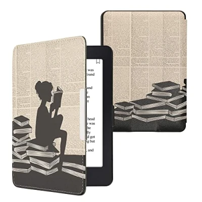 Afbeelding van kwmobile E reader hoesje geschikt voor Amazon Kindle Paperwhite hoes flip case met magnetische sluiting Ereader cover Meisje boeken design in zwart / beige