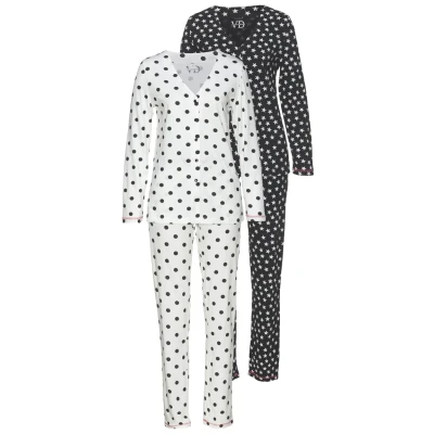 Afbeelding van Lascana 2 PACK Pyjama weiß schwarz gepunktet gemustert, Dames, Maat: 36/38, gemustert