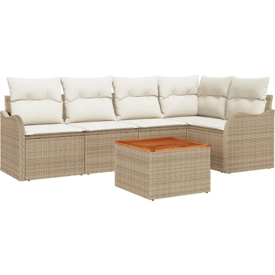 Afbeelding van vidaXL 6 delige tuinset met kussens in beige, poly rattan en acacia