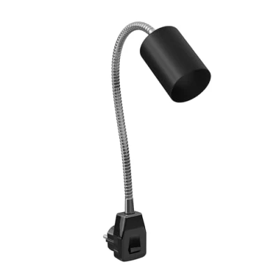 Afbeelding van ledscom.de Wandcontactdooslamp/leeslamp WAIKA, zwanenhals, schakelaar, zwart, 1x GU10 max. 60W, draaibaar, werklamp, stekkerlamp, stekkerspot, stekkerdooslamp, stopcontactlamp